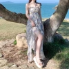 MEIPIN24ss Blue Lin-dyed chiffon halter, floral backless long dress, floor-length dress, vacation dress design sense Application Scenario
